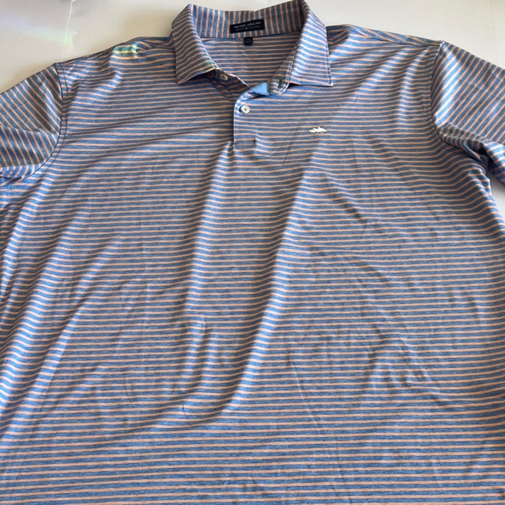 Peter Millar Striped Polo in Blue and Orange (Coral)